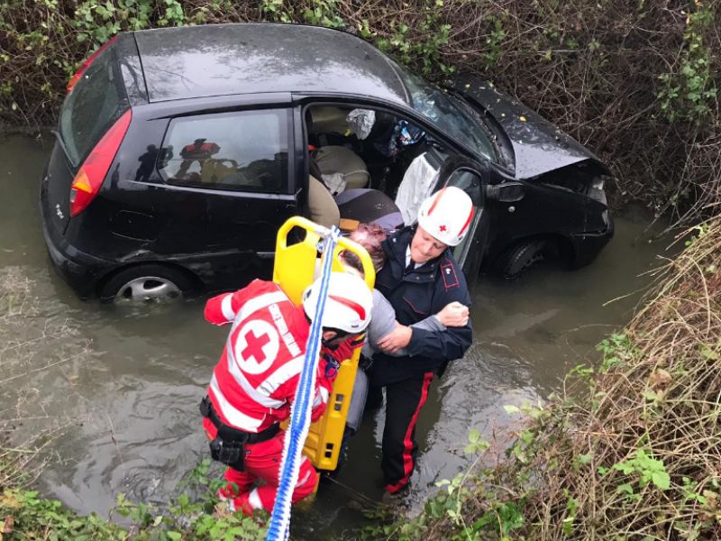 Perde il controllo dell’auto e finisce in un canale pieno d’acqua