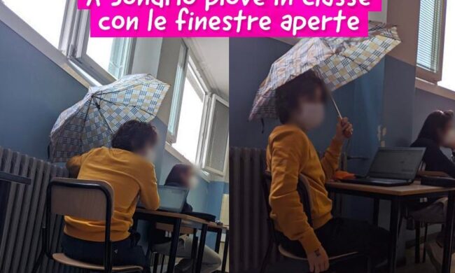 Non può chiudere la finestra e rimane in classe con l’ombrello aperto, la foto spopola su Instagram