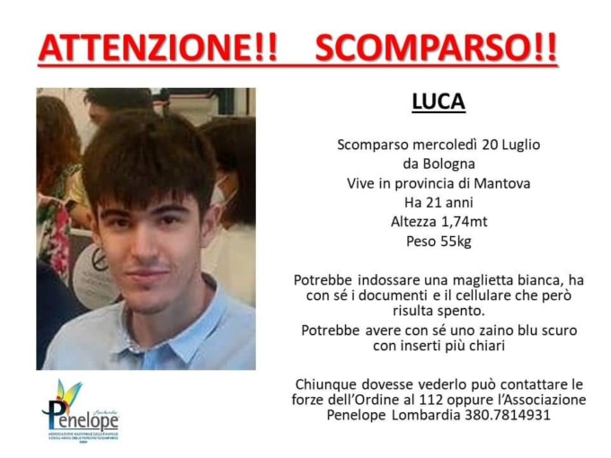 Ore di ansia per Luca, 21enne mantovano scomparso