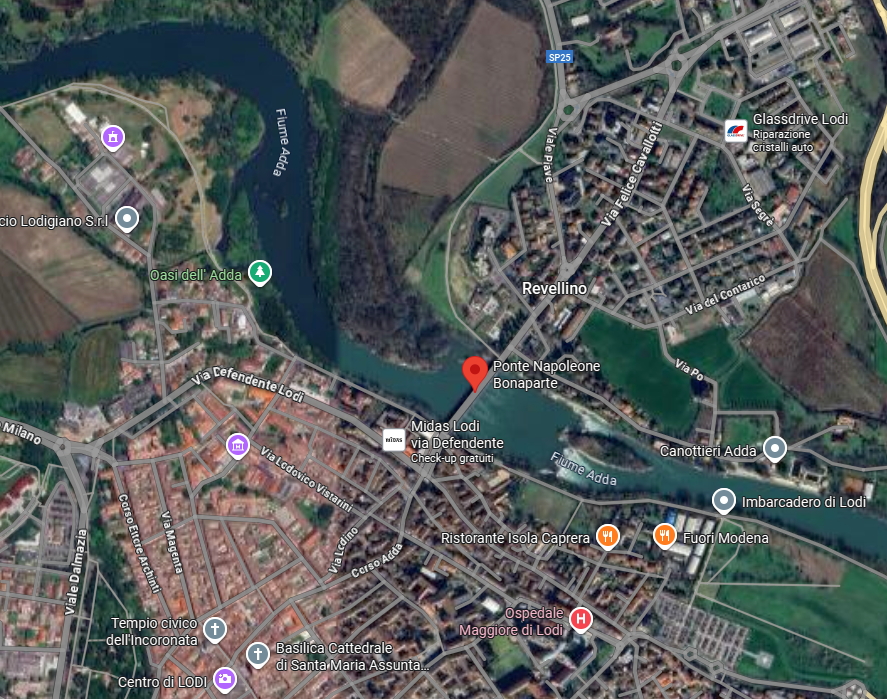 La zona in cui si trova il ponte Bonaparte a Lodi (clicca sull'immagine per navigare nella mappa)